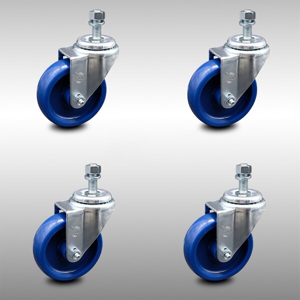 4 Inch SS Solid Polyurethane Wheel Swivel 10mm Threaded Stem Caster Set SCC